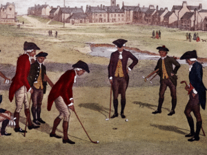 Golf origin: Historic painting of golfers at St. Andrews.