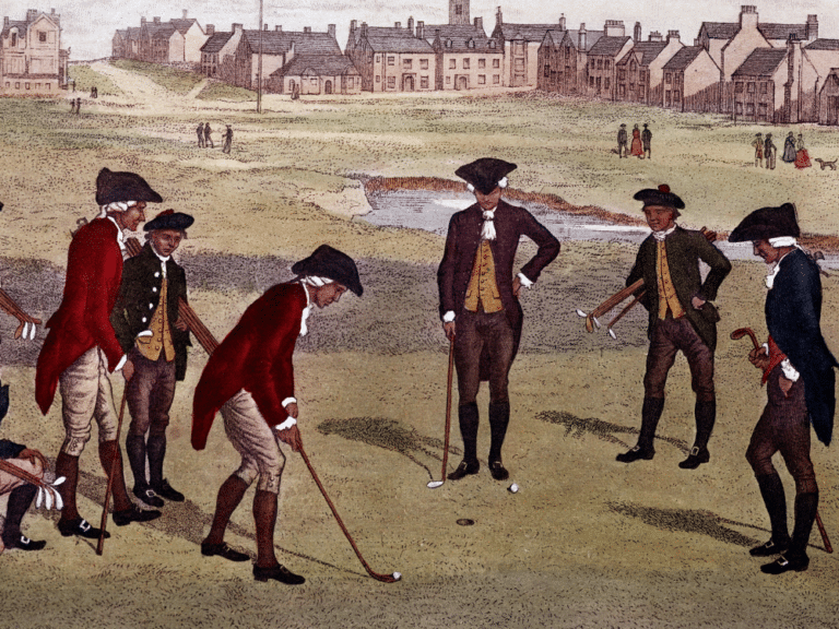 Golf Origin & Evolution – The Fascinating History of the Game 1 Golf origin: Historic painting of golfers at St. Andrews.
